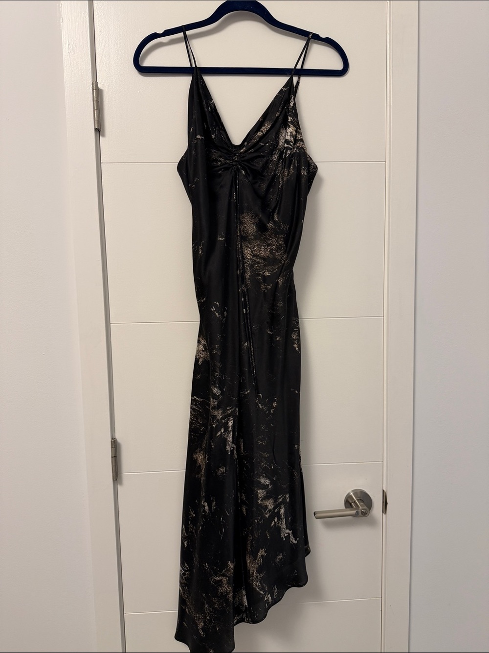 All Saints Black Maxi Slip Dress with Gold Marble Accents